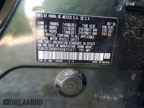 2016 Honda HR-V EX with VIN 3CZRU6H58GM751671, listed as a Copart auction lot 42956185 with 115,766 mi miles and Salvage Title. Bid and sale history available at carsss.com. Image 15.