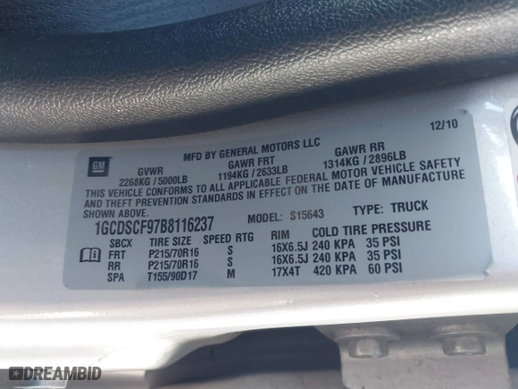 2011 Chevrolet Colorado LT w/1LT with VIN 1GCDSCF97B8116237, listed as a IAAI auction lot 41446009 with 1 mi miles. Bid and sale history available at carsss.com. Image 9.