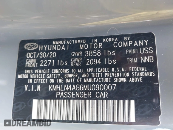 2021 Hyundai Elantra SEL with VIN KMHLN4AG6MU090007, listed as a IAAI auction lot 41457374 with 99,045 mi miles. Bid and sale history available at carsss.com. Image 9.