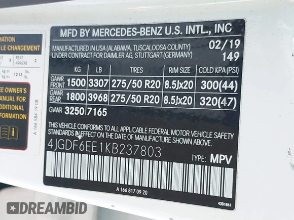 2019 Mercedes-Benz GLS 450 with VIN 4JGDF6EE1KB237803, listed as a IAAI auction lot 41441560 with 27,869 mi miles and . Bid and sale history available at DreamBid. Image 9.