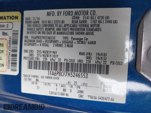 2017 Ford Mustang GT with VIN 1FA6P8CF7H5246553, listed as a IAAI auction lot 42308198 with 67,657 mi miles and . Bid and sale history available at DreamBid. Image 9.