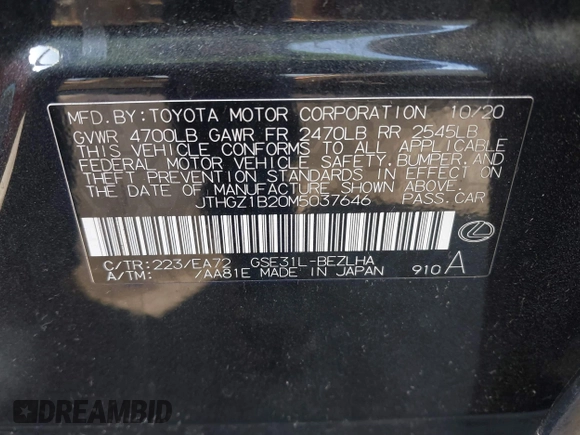 2021 Lexus IS 350 F Sport with VIN JTHGZ1B20M5037646, listed as a IAAI auction lot 42520797 with 76,935 mi miles and . Bid and sale history available at DreamBid. Image 9.