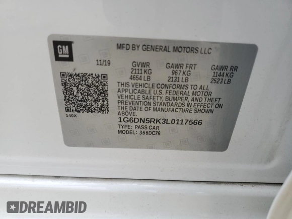 2020 Cadillac CT5 Premium Luxury with VIN 1G6DN5RK3L0117566, listed as a Copart auction lot 58163615 with Not provided miles and Salvage title. Bid and sale history available at DreamBid. Image 12.
