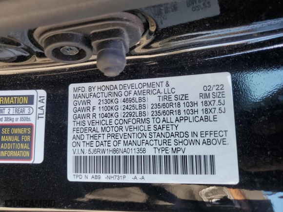 2022 Honda CR-V EX-L with VIN 5J6RW1H86NA011358, listed as a Copart auction lot 47057195 with 33,302 mi miles and Salvage Title. Bid and sale history available at carsss.com. Image 14.