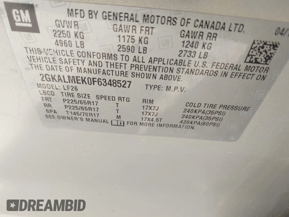 2015 GMC Terrain SLE z VIN 2GKALMEK0F6348527, wystawiony jako IAAI lot #41756648 z przebiegiem 112 960 mil mil oraz . Historia ofert i sprzedaży dostępna na DreamBid. Obrazek 9.