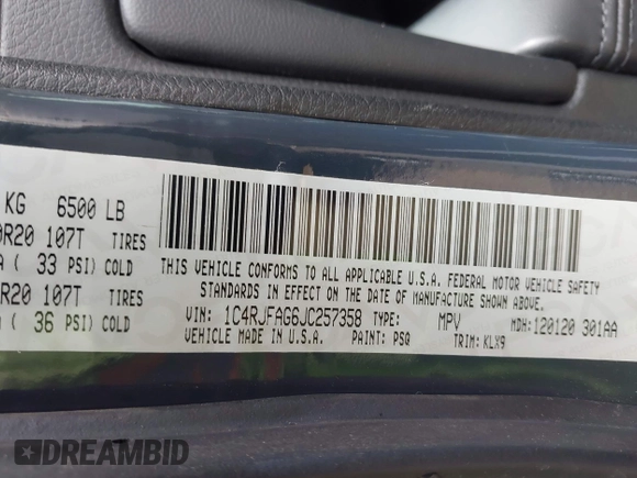 2018 Jeep Grand Cherokee Altitude with VIN 1C4RJFAG6JC257358, listed as a IAAI auction lot 42167186 with 57,630 mi miles and . Bid and sale history available at DreamBid. Image 9.
