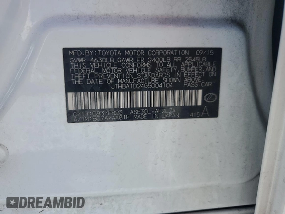 2016 Lexus IS 200t with VIN JTHBA1D24G5004104, listed as a Copart auction lot 48652105 with 112,466 mi miles and Salvage Title. Bid and sale history available at DreamBid. Image 14.