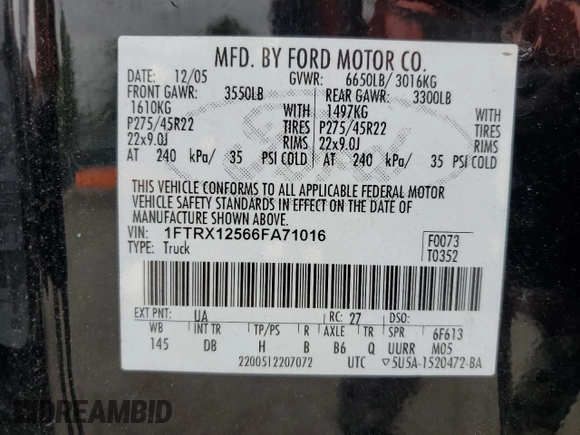 2006 Ford F-150 XLT z VIN 1FTRX12566FA71016, wystawiony jako Copart lot #63500075 z przebiegiem 220 966 mil mil oraz Szkoda całkowita • Salvage title. Historia ofert i sprzedaży dostępna na DreamBid. Obrazek 12.