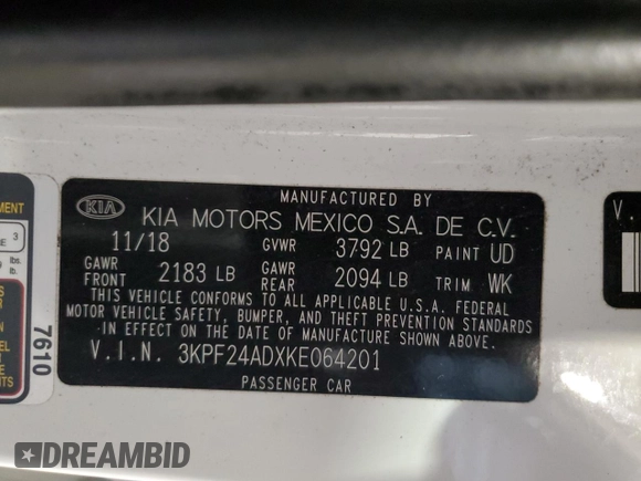 2019 Kia Forte LXS with VIN 3KPF24ADXKE064201, listed as a Copart auction lot 51462005 with 68,534 mi miles and Salvage title. Bid and sale history available at DreamBid. Image 12.