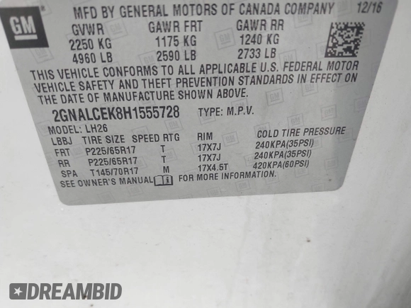 2017 Chevrolet Equinox LT with VIN 2GNALCEK8H1555728, listed as a IAAI auction lot 42039489 with 109,139 mi miles. Bid and sale history available at carsss.com. Image 9.