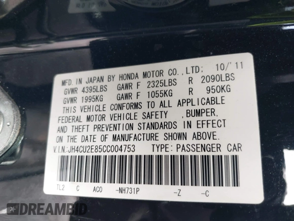 2012 Acura TSX Special Edition with VIN JH4CU2E85CC004753, listed as a IAAI auction lot 42490602 with 165,107 mi miles and . Bid and sale history available at DreamBid. Image 9.