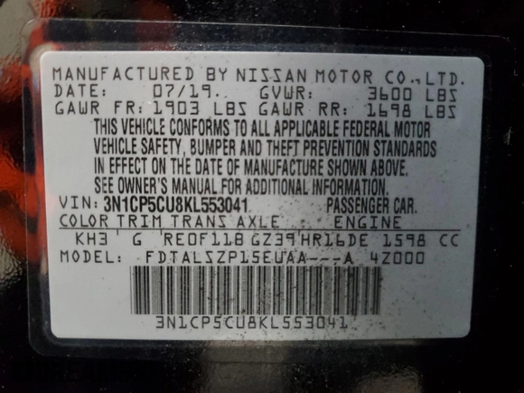 2019 Nissan Kicks SR with VIN 3N1CP5CU8KL553041, listed as a Copart auction lot 88659775 with 0 mi miles and Salvage Title. Bid and sale history available at carsss.com. Image 14.