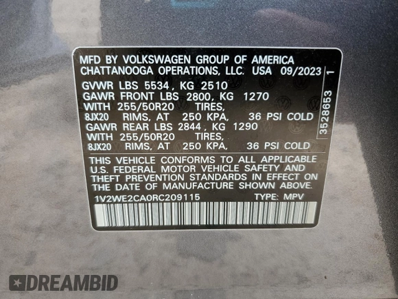 2024 Volkswagen Atlas SE z VIN 1V2WE2CA0RC209115, wystawiony jako Copart lot #54982565 z przebiegiem 13 879 mil mil oraz Szkoda całkowita • Salvage title. Historia ofert i sprzedaży dostępna na DreamBid. Obrazek 14.