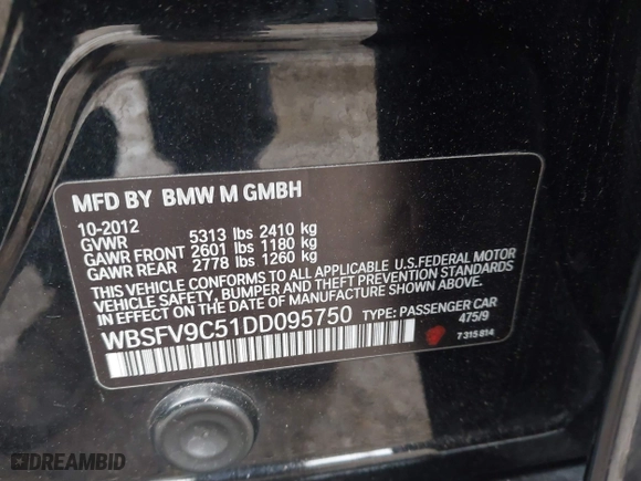 2013 BMW M5 with VIN WBSFV9C51DD095750, listed as a IAAI auction lot 40907304 with 93,014 mi miles. Bid and sale history available at carsss.com. Image 9.