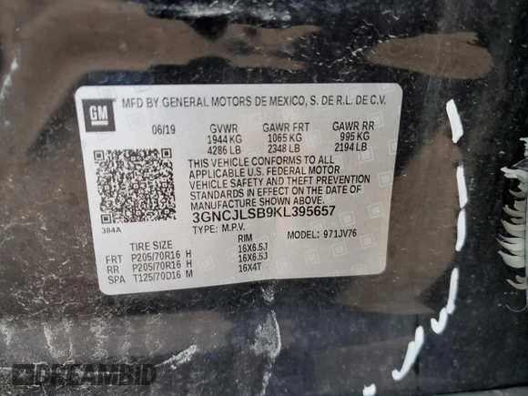 2019 Chevrolet Trax LT with VIN 3GNCJLSB9KL395657, listed as a Copart auction lot 51961325 with 64,783 mi miles and Salvage Title. Bid and sale history available at carsss.com. Image 13.