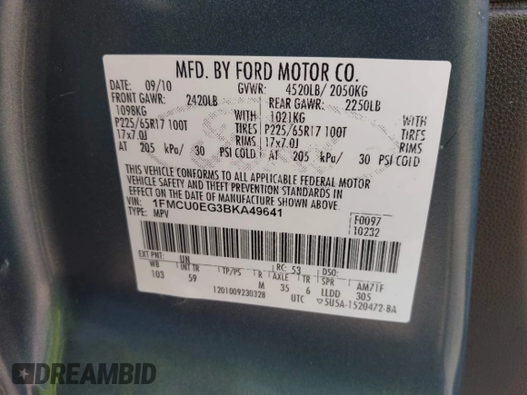 2011 Ford Escape Limited with VIN 1FMCU0EG3BKA49641, listed as a IAAI auction lot 42474740 with 186,522 mi miles and . Bid and sale history available at DreamBid. Image 9.