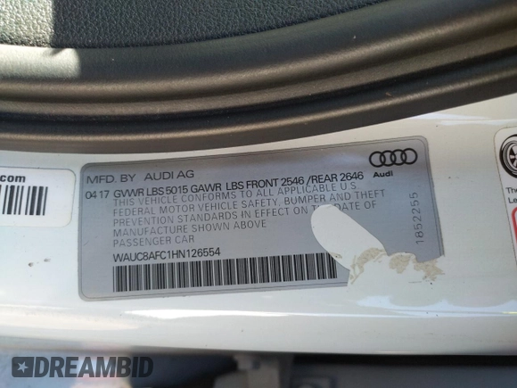 2017 Audi A6 Premium with VIN WAUC8AFC1HN126554, listed as a Copart auction lot 37820843 with 89,823 mi miles. Bid and sale history available at carsss.com. Image 13.