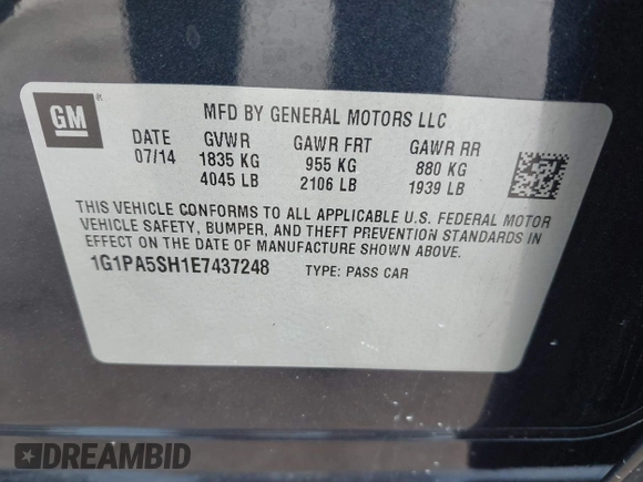 2014 Chevrolet Cruze LS with VIN 1G1PA5SH1E7437248, listed as a IAAI auction lot 42228070 with 128,427 mi miles and . Bid and sale history available at DreamBid. Image 9.