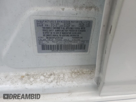 2018 Nissan Sentra SR with VIN 3N1AB7AP2JY261143, listed as a Copart auction lot 52017415 with 130,929 mi miles and Salvage Title. Bid and sale history available at DreamBid. Image 12.