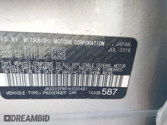 2017 Mitsubishi Lancer ES with VIN JA32V2FW1HU000481, listed as a IAAI auction lot 41316272 with 107,115 mi miles. Bid and sale history available at carsss.com. Image 9.