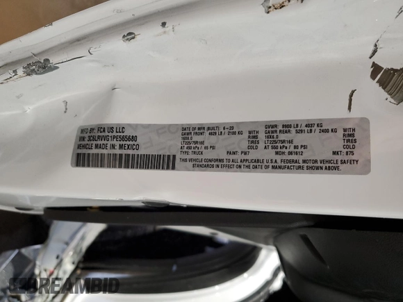 2023 Ram ProMaster Cargo with VIN 3C6LRVVG1PE565680, listed as a Copart auction lot 88541065 with 17,598 mi miles and Salvage Title. Bid and sale history available at DreamBid. Image 13.