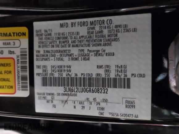 2016 Lincoln MKZ Hybrid with VIN 3LN6L2LU0GR608232, listed as a IAAI auction lot 41034486 with 99,637 mi miles and . Bid and sale history available at DreamBid. Image 9.