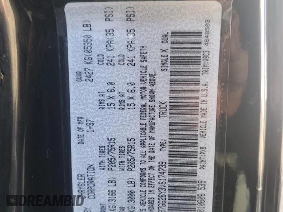 1997 Dodge Dakota z VIN 1B7GG26Y3VS174739, wystawiony jako Copart lot #49969395 z przebiegiem 226 942 mil mil oraz Nie do naprawy • Non repairable. Historia ofert i sprzedaży dostępna na DreamBid. Obrazek 14.