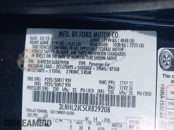2012 Lincoln MKZ with VIN 3LNHL2JC5CR829208, listed as a IAAI auction lot 41907815 with 165,000 mi miles. Bid and sale history available at carsss.com. Image 9.