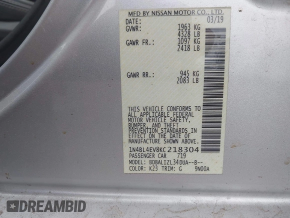 2019 Nissan Altima SL with VIN 1N4BL4EV8KC218304, listed as a IAAI auction lot 42394810 with 123,108 mi miles and . Bid and sale history available at DreamBid. Image 9.