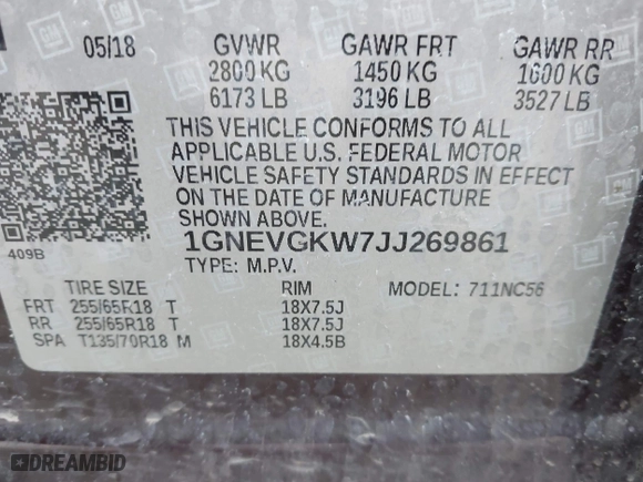 2018 Chevrolet Traverse LT Cloth with VIN 1GNEVGKW7JJ269861, listed as a IAAI auction lot 41954534 with 96,022 mi miles. Bid and sale history available at carsss.com. Image 9.