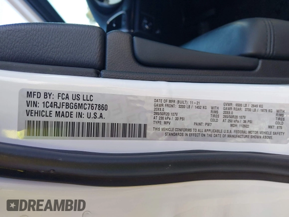 2021 Jeep Grand Cherokee Limited with VIN 1C4RJFBG6MC767860, listed as a IAAI auction lot 41103120 with 24,150 mi miles and . Bid and sale history available at DreamBid. Image 9.