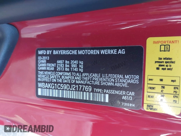 2013 BMW 3 Series 335is with VIN WBAKG1C59DJ217769, listed as a IAAI auction lot 41161991 with 1 mi miles. Bid and sale history available at carsss.com. Image 9.