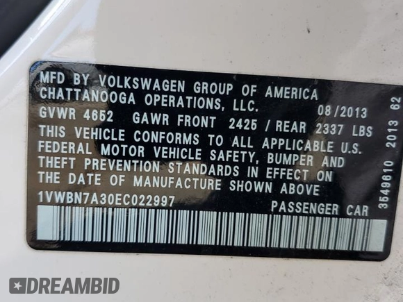 2014 Volkswagen Passat SE z VIN 1VWBN7A30EC022997, wystawiony jako Copart lot #57582285 z przebiegiem 94 920 mil mil oraz Szkoda całkowita • Salvage title. Historia ofert i sprzedaży dostępna na DreamBid. Obrazek 13.