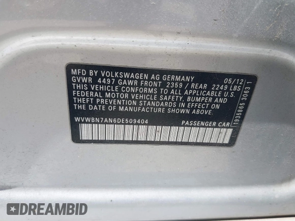 2013 Volkswagen CC R-Line с VIN WVWBN7AN6DE509404, выставлен на аукционе IAAI как лот 42375397 с пробегом 156 655 миль миль и . История ставок и продаж доступна на DreamBid. Изображение 9.
