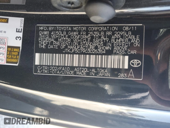 2012 Scion tC with VIN JTKJF5C79C3025354, listed as a Copart auction lot 61254535 with 121,232 mi miles and Clean title. Bid and sale history available at DreamBid. Image 12.