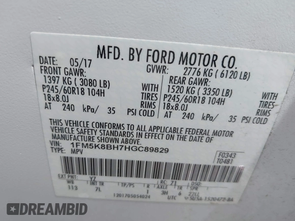 2017 Ford Explorer with VIN 1FM5K8BH7HGC89829, listed as a IAAI auction lot 42100539 with 94,567 mi miles and . Bid and sale history available at carsss.com. Image 9.