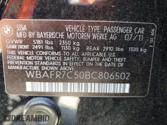 2011 BMW 5 Series 535i z VIN WBAFR7C50BC806502, wystawiony jako Copart lot #60560895 z przebiegiem 86 672 mil mil oraz Szkoda całkowita • Salvage title. Historia ofert i sprzedaży dostępna na DreamBid. Obrazek 12.