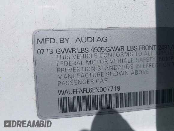 2014 Audi A4 Premium Plus with VIN WAUFFAFL6EN007719, listed as a IAAI auction lot 42530090 with 91,546 mi miles and . Bid and sale history available at DreamBid. Image 9.