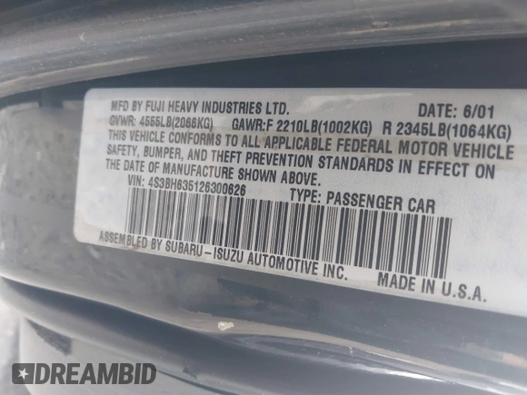 2002 Subaru Legacy L with VIN 4S3BH635126300626, listed as a IAAI auction lot 41815509 with 259,031 mi miles and . Bid and sale history available at DreamBid. Image 9.