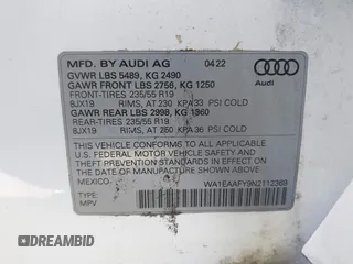 2022 Audi Q5 S line Premium Plus with VIN WA1EAAFY9N2112369, listed as a IAAI auction lot 42085322 with 1 mi miles. Bid and sale history available at carsss.com. Image 9.