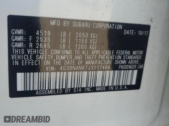 2018 Subaru Legacy Limited with VIN 4S3BNAN67J3017486, listed as a Copart auction lot 50842475 with 73,173 mi miles and Salvage Title. Bid and sale history available at carsss.com. Image 12.