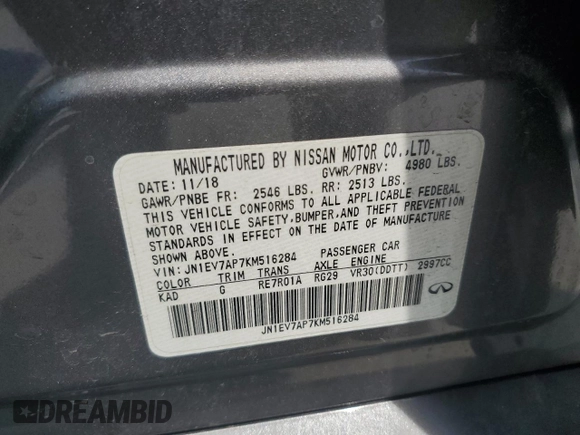 2019 Infiniti Q50 Luxe with VIN JN1EV7AP7KM516284, listed as a Copart auction lot 61647345 with 71,217 mi miles and Salvage title. Bid and sale history available at DreamBid. Image 12.