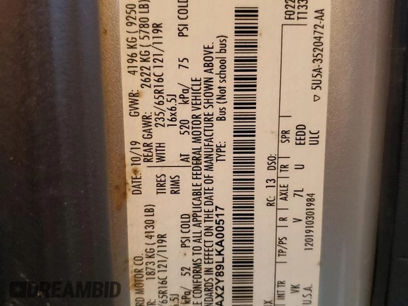 2020 Ford Transit Passenger XL z VIN 1FBAX2Y89LKA00517, wystawiony jako Copart lot #80624134 z przebiegiem 62 846 mil mil oraz Szkoda całkowita • Salvage title. Historia ofert i sprzedaży dostępna na DreamBid. Obrazek 13.