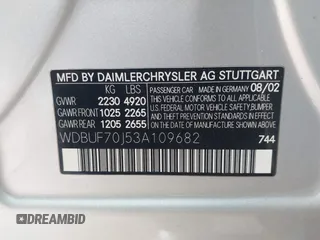 2003 Mercedes-Benz E 500 with VIN WDBUF70J53A109682, listed as a IAAI auction lot 41576258 with 226,118 mi miles and . Bid and sale history available at DreamBid. Image 9.