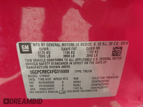 2015 Chevrolet Silverado 1500 LT with VIN 3GCPCRECXFG316989, listed as a IAAI auction lot 41835168 with 160,795 mi miles and . Bid and sale history available at DreamBid. Image 9.