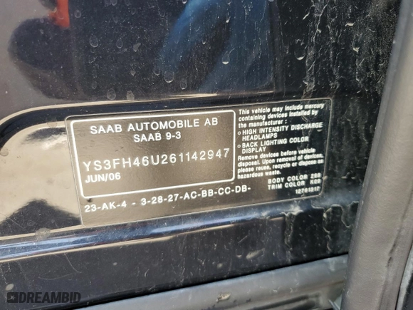 2006 Saab 9-3 Aero with VIN YS3FH46U261142947, listed as a Copart auction lot 74008684 with 197,915 mi miles and Salvage Title. Bid and sale history available at carsss.com. Image 12.