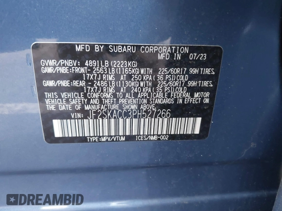 2023 Subaru Forester with VIN JF2SKACC3PH527266, listed as a IAAI auction lot 41034636 with 8,967 mi miles and . Bid and sale history available at DreamBid. Image 9.