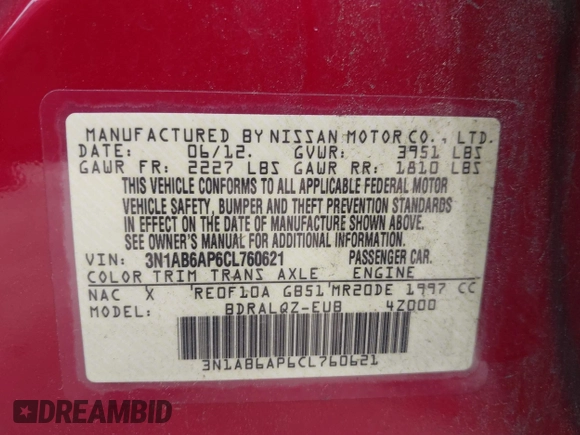 2012 Nissan Sentra SR with VIN 3N1AB6AP6CL760621, listed as a IAAI auction lot 42505921 with 150,941 mi miles and . Bid and sale history available at DreamBid. Image 9.