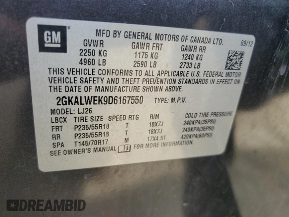2013 GMC Terrain SLT with VIN 2GKALWEK9D6167550, listed as a Copart auction lot 52207545 with 184,960 mi miles and Salvage title. Bid and sale history available at DreamBid. Image 13.