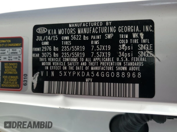 2016 Kia Sorento SX with VIN 5XYPKDA54GG088968, listed as a Copart auction lot 59307525 with 49,183 mi miles and Salvage title. Bid and sale history available at DreamBid. Image 14.